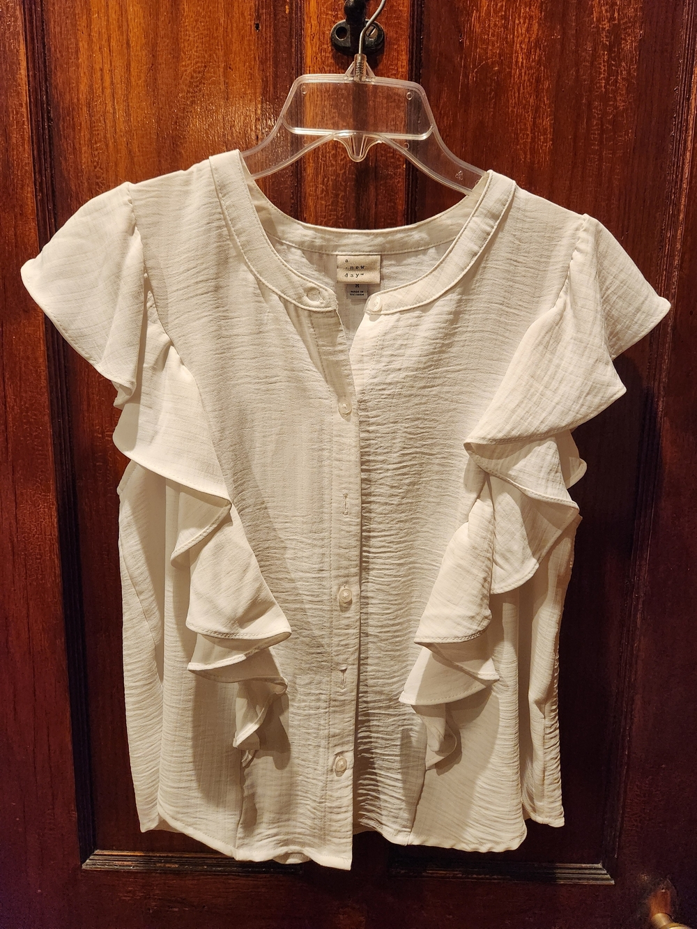 EUC A New Day Cream Ruffle-Trim Button Front Blouse